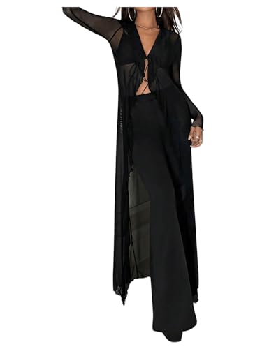 Image of GORGLITTER Women's Sexy Tie Front Goth Cardigan Sheer Mesh Long Sleeve Y2k Tops