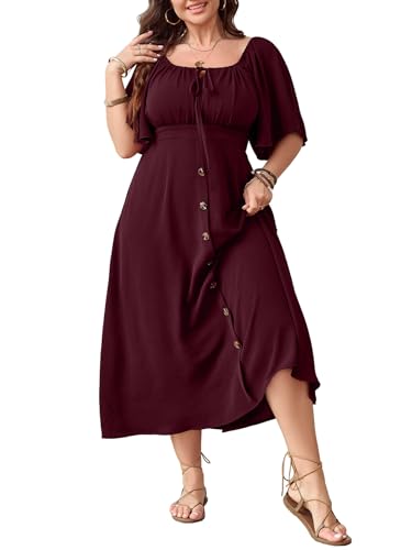 Plus Size Summer Dress Short Sleeve Square Neck Tie Front Smocked Button Down Flowy A-line Boho Maxi Long Dresses