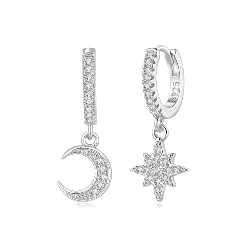 925 Sterling Silver Earrings for Women, Moon and Star Dangle Drop Hoop Earring Celestial Jewelry Gifts for Everyday Wear