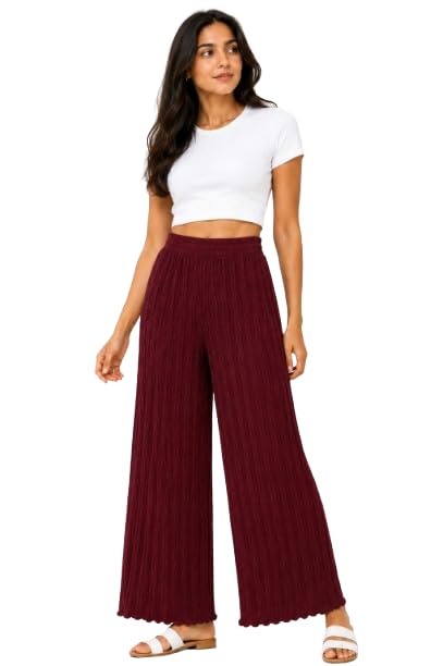 Women's Cable Knit Wide Leg Pants with Elastic Waist | Women’s Georgette Flared Freesize Khajuri Palazzo Pant (One Size)-image-13