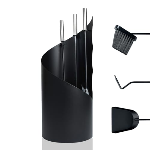 FIVMEN Kaminbesteck 4 teilig Schwarz Kamingarnitur Kaminzubehör Inkl. Besen, Ascheschaufel, Schürhaken und Ständer Ofenbesteck Kaminwerkzeug