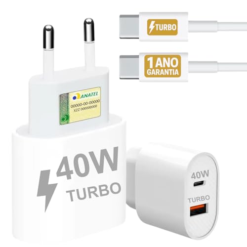 Carregador Turbo 40W Compatível iPhone 17 Air 17 Pro 17 Pro Max 16 16 Pro 16 Pro Max 15 15 Pro 15 Max iPad iOS Cabo USB-C Celular Tipo-C Duas Saídas USB-A Rápida PD Ultra Resistente Original 10CLICK®