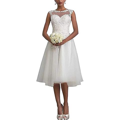 HUINI Hochzeitskleider Kurz A-Linie Damen Brautmode Vintage Groß Größen Brautkleider Umstand Spitzenkleider Ärmellos Weiß 46 Cover
