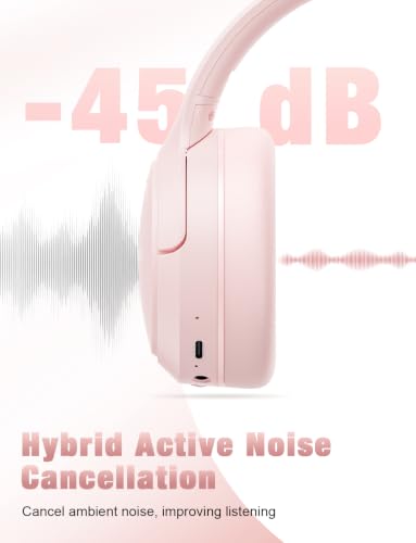 Image of RUNOLIM Hybrid Active Noise Cancelling Headphones, Wireless Over Ear Bluetooth Headphones with Microphone, 100H Playtime, Foldable Headphone with HiFi Audio, Deep Bass for Home Travel Office(Pink)