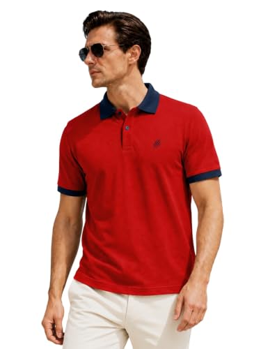 Image of LEOTUDE Men's Solid Red Polo T-Shirt with Navy Contrast Collar | Regular Fit Half Sleeve Polo Neck Tee | Comfortable Everyday Casual Wear (Color : RED)