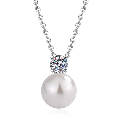 S925 Sterling Silver Pearl Pendant& Moissanite Necklace for Women - 8mm Freshwater Cultured Pearl, 0.3ct D/VVS1 Moissanite Pendant, Adjustable Chain,Gifts for Women
