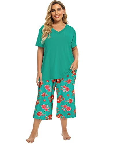 Image of Vozanet Women's V Neck Sexy Pajamas Capri Sets Mexican Style Floral Sleepwear 2PCS Totem Casual Nighty Plus Size M to 5XL