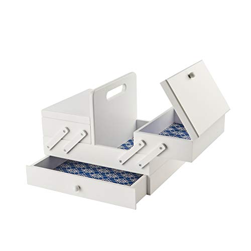 Sewing Online Freischwinger-Aufbewahrungsbox aus Holz 31 x 23 x 24 cm Weiß mit geometrischem Design-Interieur