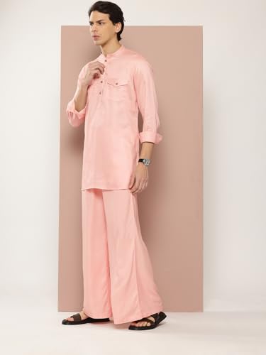 Image of See Designs Men's Long Sleeve Curved Hem Mandarin Collar Rayon Solid Pathani Sets