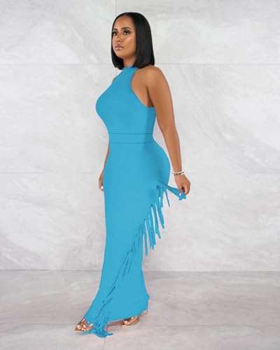 Image of 2 Piece Outfits for Women Sexy Halter Neck Sleeveless Crop Tops Ruched Bodycon Dresses Jumpsuits Fringe Skirt Sets