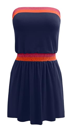 Image of SAUKOLE Beach Dresses for Women 2026 Casual Summer Strapless Smocked Elastic Waist Short A Line Flowy Dress
