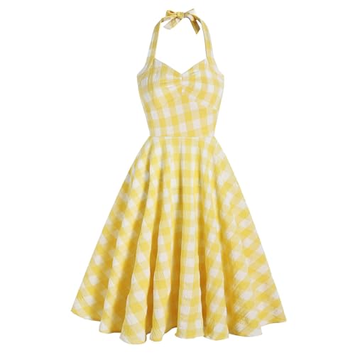 Rock, V-Ausschnitt, Gürtel, Schnürung, Neckholder, mittellanges Kleid – Gelb – L