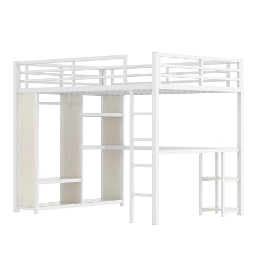 Image of Bellemave Queen Size Loft Bed with Desk, Wardrobe, Metal Queen Loft Bed Frame for Adults, Kids, Teens, White Wood-Grain