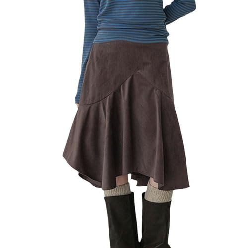 Falda Retro de Terciopelo de Corteza Plisada Irregular marrón Falda de Corte A Ajustada y versátil para Mujer Falda de Longitud Media-marrón-L