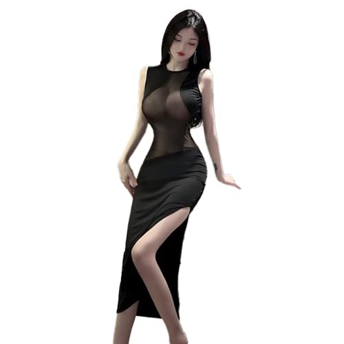 Robe moulante noire avec jupe fendue et maille transparente pour sublimer la silhouette
