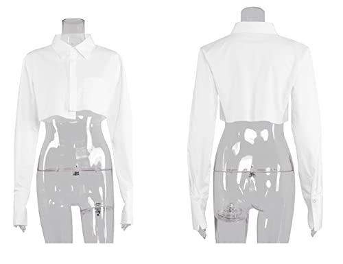 MISSACTIVER Women Solid Long Sleeve Button Up Crop Shirt Turn-Down Collar Irregular Loose Fitting Fashion Cropped Blouse Top4