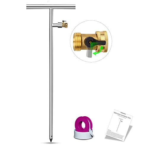 Tree Root Feeder Deep Tree Watering Spike Deep Watering Tool for Trees with Brass Valve Teflon Tape Stainless Steel Tree Root Watering Spike Used As Irrigation System for Plants Trees Bushes T Handle