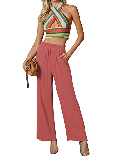 Rooscier Women's Elastic High Waist Straight Wide Leg Loose Long Pants with Pockets3