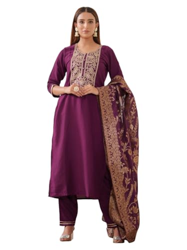 Image of Kaari Women's Embroidered Kurta Set with Pant & Dupatta | Ethnic Kurta Set for Women | Straight Fit | Round Neck | Festive, Wedding, Ceremony