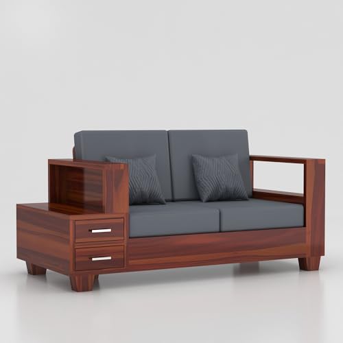 Image of Sheesham Wooden 2 Seater Sofa for Living Room | Solid Wood Sofa with Side Box Storage & Cushion | Rosewood Sofa Set for Home & Office | Lounge (Honey, 2 Seater)