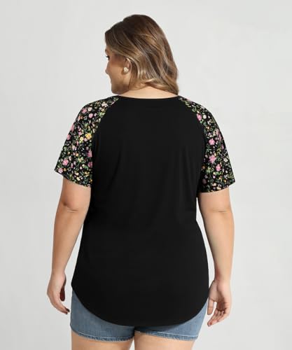 Image of CARCOS Plus Size Tops for Women Short Sleeve Raglan Striped Tee Color Block Crewneck /V Neck Tunic Loose Fit Summer XL-5XL