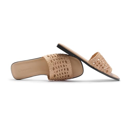 Image of C.Paravano Womens Slides Woven Flats Raffia Sandals Summer Beach Slip ons | handmade woven crafts, Nappa lambskin Insole, Lightweight, Open toe