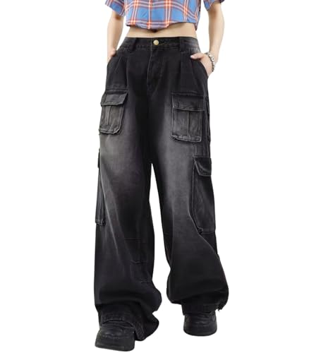 Hugboom Baggy Cargo Pants for Women Girls Retro Low Rise Wide Leg Jeans Y2k Hip Hop Streetwear Grunge Clothes Black(M)
