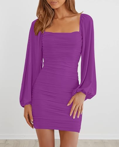 Image of MEROKEETY Women Square Neck Lantern Long Sleeve Mesh Ruched Bodycon Clubwear Mini Dress