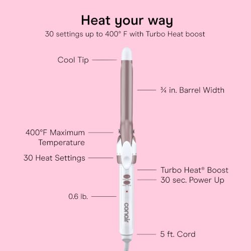 Image of Conair Double Ceramic -Inch Curling Iron | 30 Heat Settings & Turbo Boost for All Hair Types, for Tight Frizz Free Curls, Rose Gold /White, CD700L