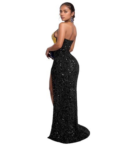 Image of PORRCEY Lady Sexy Rhinestone Beaded Sequin Halter Slit Dress(1105,Gold,3XL | Birthday,Party,Club Night Out,Evening,Formal,Wedding,Concert,New Year,Celebrate