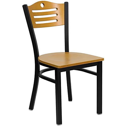 Image of Flash Furniture 2 Pack HERCULES Series Black Slat Back Metal Restaurant Chair - Natural Wood Back & Seat