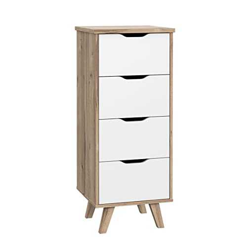 Meubletmoi Chiffonnier 4 tiroirs de Rangement décor chêne Naturel et Blanc Mat Pieds Bois Massif inclinés - ALBANE