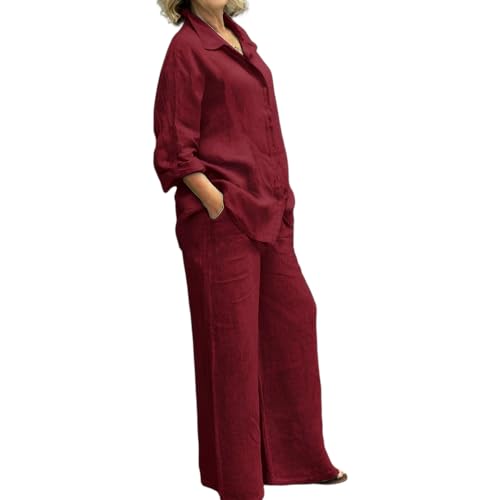 Womens Cotton Linen 2 Piece Outfits Long Sleeve Button Down Top Loose Elastic Waist Wide Leg Long Pants with 2 Pockets