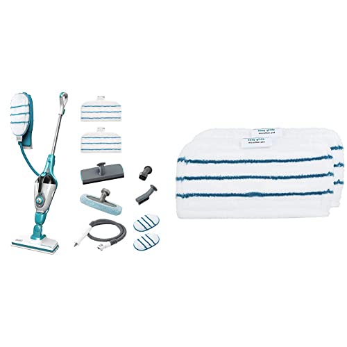BLACK+DECKER Balai Vapeur avec Nettoyeur à Main et Gant STEAMITT - 9 Accessoires - Multifonctions 1300W + BLACK+DECKER - Lot de 2 Patins Multi Surfaces pour Balais à Vapeur - Tampons de Nettoyage