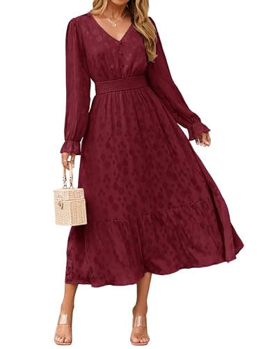 BerryGo Womens Long Sleeve Empire Waist Maxi Dress V Neck Fall Wedding Guest Flowy Long Dresses (Burgundy L)