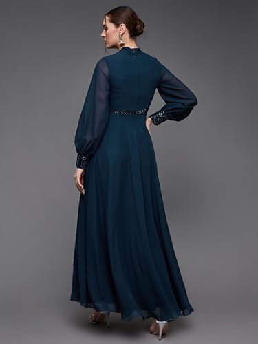 Image of Miss Chase Women's Bishop Sleeve Embellished Panelled Georgette Maxi Dress with Pockets