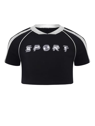 Kids Girls Letter Print Sports Crop Top Short Sleeve Patchwork Dance Workout Running T-Shirt3