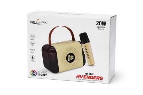 Image of Rock Music Portable Wireless Speaker with Karaoke Mic, 20W Output, RGB Disco Light, Gold and Brown, Model RM-BT487