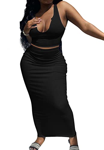 2 Piece Outfit Maxi Dress for Women, Summer Deep U Neck Sleeveless Tank Crop Tops Long Skirt Set Party Bodycon Dresses