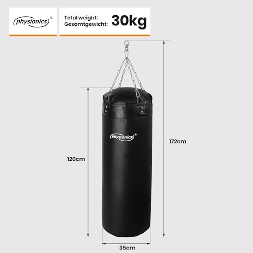 Foto von ??????????® Boxsack für Erwachsene - Gefüllt, 100cm/120cm, 27kg/30kg, Vierpunkt-Stahlkette - Punchingsäcke, Sandsack hängend, Punching Bag, Kickboxen, MMA, Kampfsport, Muay Thai, (120cm)