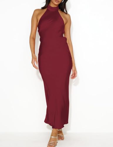 Image of Women Summer Satin Halter Neck Backless Formal Wedding Guest Maxi Dress
