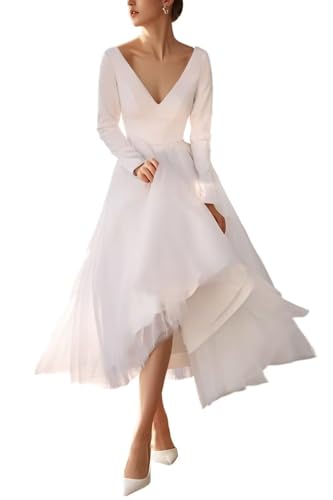 Tea-Length Wedding Dresses for Bride 2025 V-Neck Tulle Bridal Dress Long Sleeves Wedding Gowns