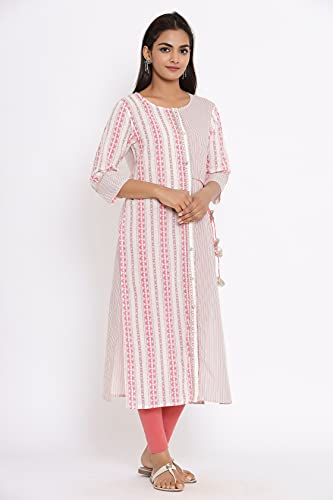 Image of JAPER KURTI Woman's Cotton Geometric Print White Color 3 /4th Sleeve Round Neck Straight Kurta