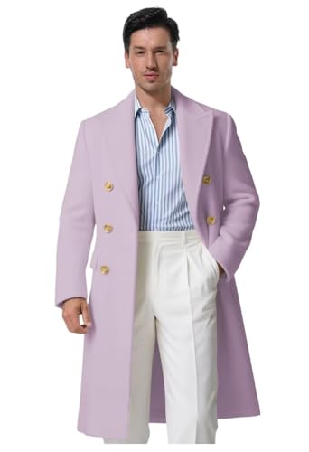 Image of LEWIJO Formal Mens Overcoat Slim Fit Cashmere Wool Blend Overcoat for Men Winter Trench Coat Light Purple Double Breasted Pea Jacket Size 38
