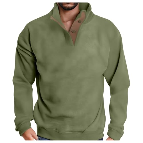 Men's Long Sleeve Button Sweatshirt Lightweight Solid Loose Fit Mock Neck Traveling Top Elbow Patch Wander Pullover
