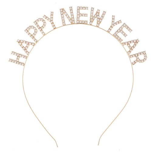 BinaryABC Happy New Year Headband Tiara,Rhinestone New Years Headband,New Year Eve Party Supplies(Golden)