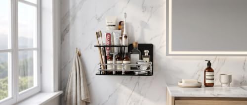 Image of self Adhesive Wall Mounted Acrylic Toothpaste Holder,Toothbrush Stand,Toothpaste Tubler for Bathroom Organizer Rack for Home(Black Acrylic) (Half S.S Black)