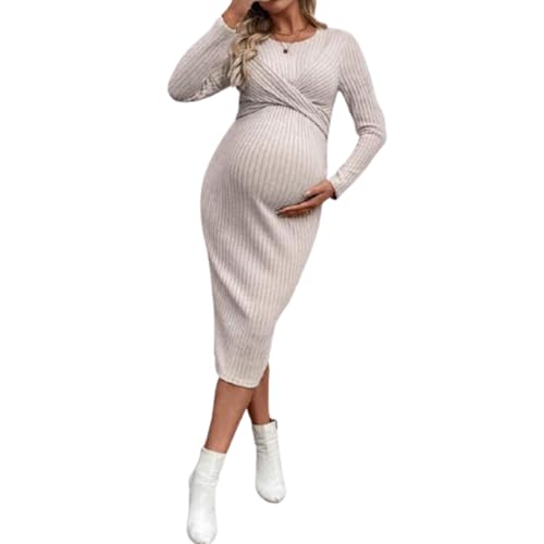 KINLYBO Vestido de maternidad de punto para mujer, manga larga, vestido de embarazo, falda adelgazante, beige, M