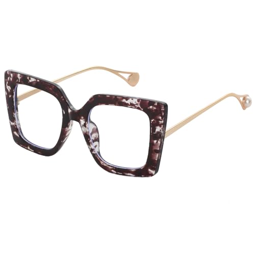 Image of Oversized Square Blue Light Blocking Glasses for Women Thick Fashion Pearl Inlay Arm Eyewear Computer Eyeglasses