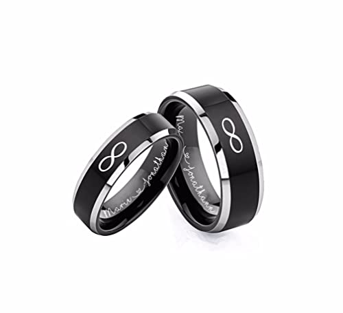 A & L Engraving Personalized Two Tone Black & Silver Titanium Ring Set Custom Engraved Free In Any Language - His & Hers Couple's Ring Set - Titanium Wedding Band - Ships from USA